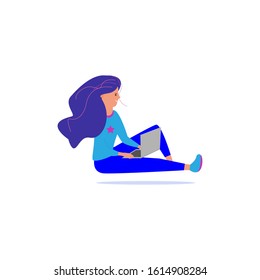 Girl sitting with laptop on white background. Wireless communication network concept. Technology background. Online education concept. 