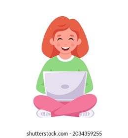 Girl sitting with laptop. Online learning, back to school concept. Vector illustration