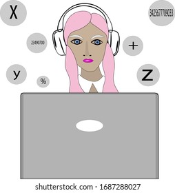 Girl sitting with a laptop. Performs tasks. Distance learning. Studying online.