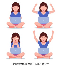 Girl sitting with a laptop. Set of young beautiful woman sitting cross-legged with her laptop with different facial expressions and emotions. Vector illustration isolated on white.