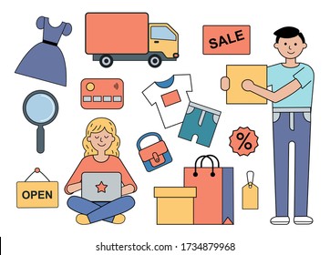 girl sitting with laptop and shopping online and delivery man