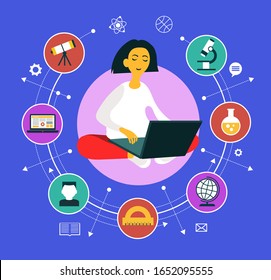 Girl sitting with a laptop surrounded by education icons. Learning process. Vector graphics.