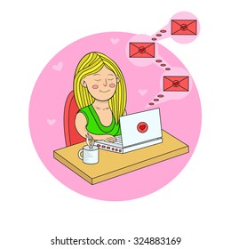 girl sitting with a laptop at the table and gets love letters. 