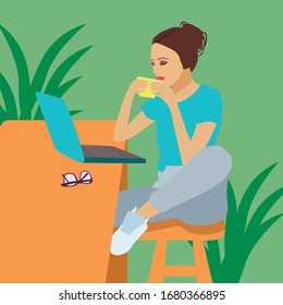 Girl sitting at a laptop tablet computer 
and watching reads the internet. 
Woman freelancer working remotely. Teen 
complies with quarantine. Schoolgirl student studying at home. Vector flat. Design