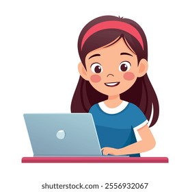 Girl sitting at laptop. Work from home. Woman working on laptop in home office. Freelancer lifestyle working concept. Girl studying online classes. Vector illustration