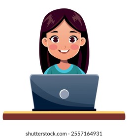 Girl sitting at laptop. Work from home. Woman working on laptop in home office. Freelancer lifestyle working concept. Girl studying online classes. Vector illustration