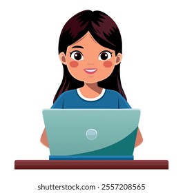 Girl sitting at laptop. Work from home. Woman working on laptop in home office. Freelancer lifestyle working concept. Girl studying online classes. Vector illustration