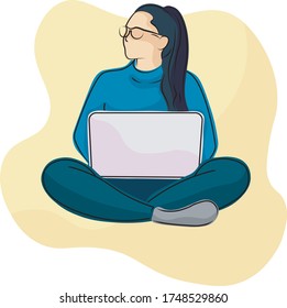 Girl sitting with a laptop, girl working on a laptop, illustration, vector, girl sitting on the floor with a laptop