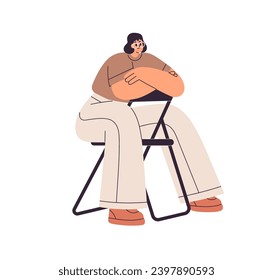 Girl sitting, leaning on chair back. Young woman posing in seated position with arms crossed on chairback. Modern female character in glasses. Flat vector illustration isolated on white background