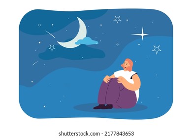 Girl sitting and looking at crescent flat vector illustration. Woman looking at starring sky, thinking and dreaming. Contemplation, loneliness concept for banner, website design or landing web page