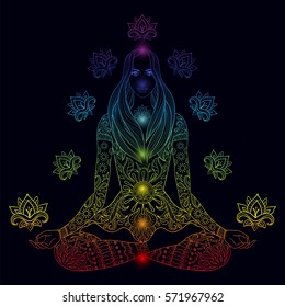 Girl sitting in lotus pose with chakra.  Vector ornate boho woman with lotus-flower for adult coloring pages, meditation, yoga symbol, color dark background