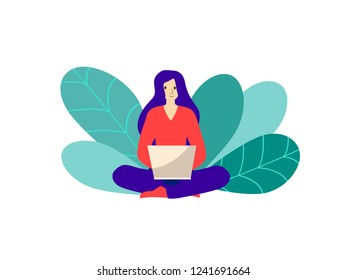 Girl sitting in lotus pose with laptop surrounded by plants. freelancer or distance learning by online courses. Flat style vector illustration isolated on white.