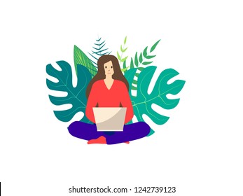 Girl sitting in lotus pose with laptop surrounded by plants. freelancer or distance learning by online courses. Flat style vector illustration isolated on white.