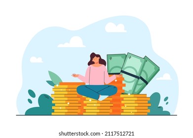 Girl sitting in lotus pose on coins flat vector illustration. Peaceful rich woman meditating on stack of money or banknotes. Wealth, success concept for banner, website design or landing web page