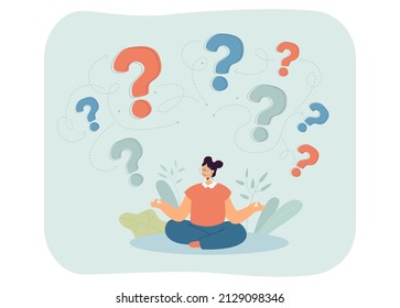 Girl sitting in lotus pose with question marks under her. Peaceful woman keeping calm in difficult situations flat vector illustration. Choice concept for banner, website design or landing web page