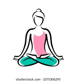Girl sitting in lotus pose. Yoga, fitness logo or symbol. Vector illustration