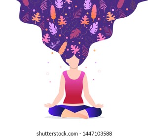 	
Girl is sitting in a lotus position. Bright, magic leaves are woven into hair. Trendy concept of fitness studio, meditation, self-improvement. World yoga day in 21 June.