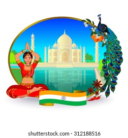 Girl sitting in the lotus position at the center is the image of architecture in India. On the right is a bird peacock and Indian spices. Below is the flag of India.