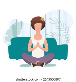 The girl is sitting in the lotus position. Healthy lifestyle concept. Vector.