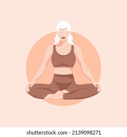 girl sitting in the lotus position. illustration of characters in flat style. the concept of yoga, relaxation, self-awareness. vector template.illustration in desert colors.