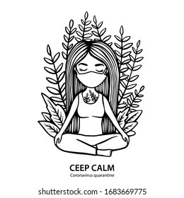 Girl sitting in lotus position with mask on a background of branches and leaves. Hand drawn line vector stock illustration. concept about 
harmony and meditation