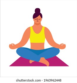 girl sitting in lotus position and meditating. color vector illustration
