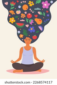 The girl is sitting in the lotus position, meditating, thinking about summer, fruits. A woman does yoga. Vector graphics.