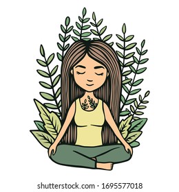 Girl sitting in lotus position on a background of branches and leaves. Hand drawn line vector stock illustration. concept about 
harmony and meditation. Colorful eco yoga logo.