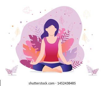 Girl is sitting in a lotus position. Trendy vector concept of fitness studio, meditation, self-improvement, controlling mind and emotions.