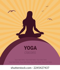 girl sitting in lotus position. Vector illustration with woman doing yoga, meditation, healthy lifestyle. Crossed legs. Blue, yellow, green. Yoga poster. Relaxation on the beach.