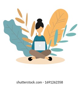 Girl sitting in the Lotus position and works with  laptop.Home office concept.Freelance or studying concept.Remote work from home with .Vector illustration in flat style.
