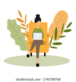 Girl sitting in the Lotus position and works with  laptop.Home office concept.Freelance or studying concept.Remote work from home with .Vector illustration in flat style.