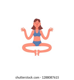 The girl is sitting in the lotus position. A young girl is sitting in a pose of meditation. Vector illustration.
