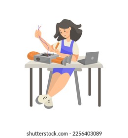 Girl sitting and making robot during science class illustration. Girl as scientist building machine isolated on white background. Robotics, development, education concept