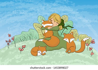 girl sitting in a meadow, embracing fox and beside her sat another two foxes