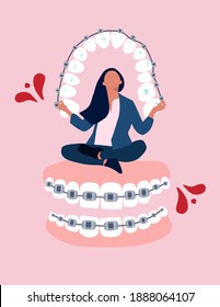 Girl sitting and meditating on big dental braces on teeth. Orthodontics retainer or aligner. Bite correction concept. Oral surgery for healthy smile. Dentistry service poster.Vector in trendy style.