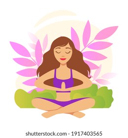 Girl Sitting and Meditating in Yoga Lotus Position with Floral Scenery Vector Illustration