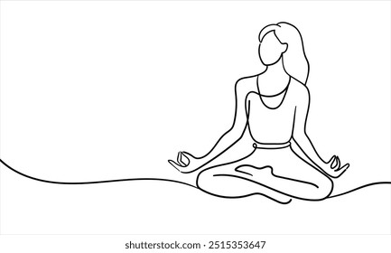 Girl sitting in meditation continuous line art drawing isolated on white background. Yoga relax. Vector illustration