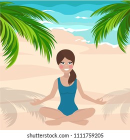 Girl sitting and meditation on sand beach near sea. Yoga outside, relax. Summer, palms, paradise. Vector illustration.