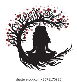 Girl sitting in meditation with round tree and love shape vector. Yoga relax Vector illustration. Meditation Vector for T-shirt Design, mug, bag, poster, banner, pillow etc.