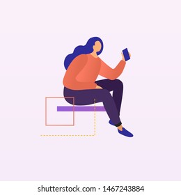 The girl sitting with a mobile phone. The concept of mobile communication. Vector illustration.