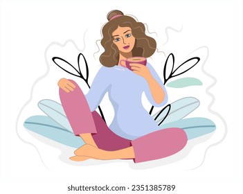 The girl is sitting in nature with a cup of coffee. Woman with Herbal Tea, Cartoon Character of People Enjoying Free Time, Woman Drinking Coffee, Tea, White Background. Vector