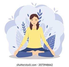 Girl, sitting in nature and meditating. Illustration for yoga, meditation, posters, cards. Vector illustration, flat style.