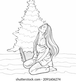 Girl sitting near the Christmas tree.Coloring book antistress for children and adults.Illustration isolated on white background.Zen-tangle style.Hand draw