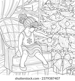 
The girl is sitting near the Christmas tree.Coloring book antistress for children and adults. Illustration isolated on white background.Zen-tangle style. Hand draw