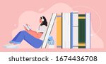 Girl sitting near pile of books with headphones and listen them online. Concept of online reading or library, e-book, online education. World book reading day cute illustration for banner, flyer, ad.
