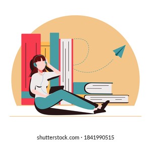Girl sitting near pile of books with headphones and listen them online. Concept of online reading or library, e-book, online education. World book reading day cute illustration for banner, flyer, ad.