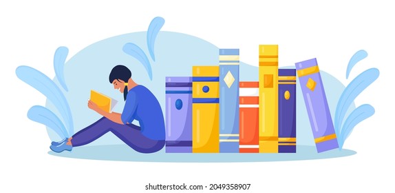 Girl sitting near pile of books and reading book. Online library, bookstores, e-book. Internet education. Vector illustration
