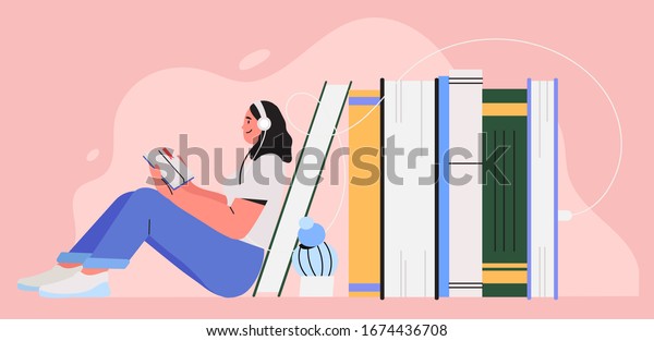 Girl sitting near pile of books with headphones and\
listen them online. Concept of online reading or library, e-book,\
online education. World book reading day cute illustration for\
banner, flyer, ad.