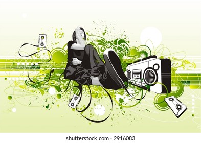 girl sitting near a retro tape with a microphone in her hand,surrounded by tapes & grunge,floral ellements,party flyer design